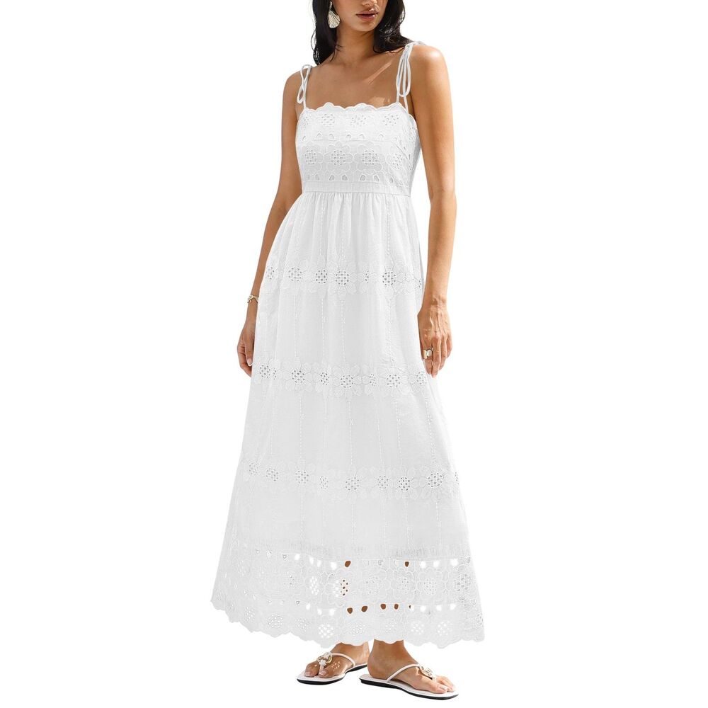 White Eyelet Maxi Dress Boho Cottagecore Wedding Guest Beach Vacation Sundress